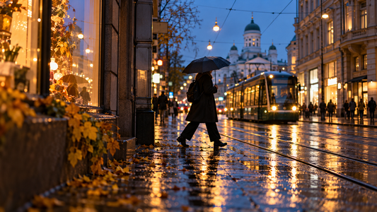 Autumn street scene with an umbrella, tram and reflections on wet pavement at dusk.